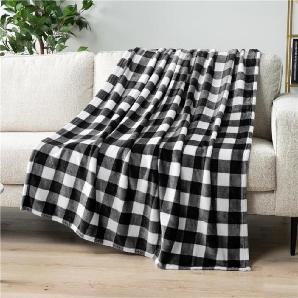 Black and White Buffalo Plaid Fleece Throw Blanket for Couch, Soft Checkered